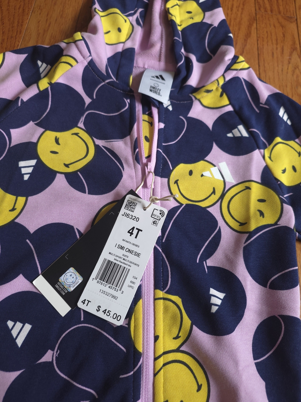 Adidas Pink Hooded Kids One-Piece with Navy & Yellow Smile Faces